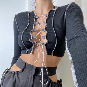 Nyla Lace Up Front Stitch Crop Top